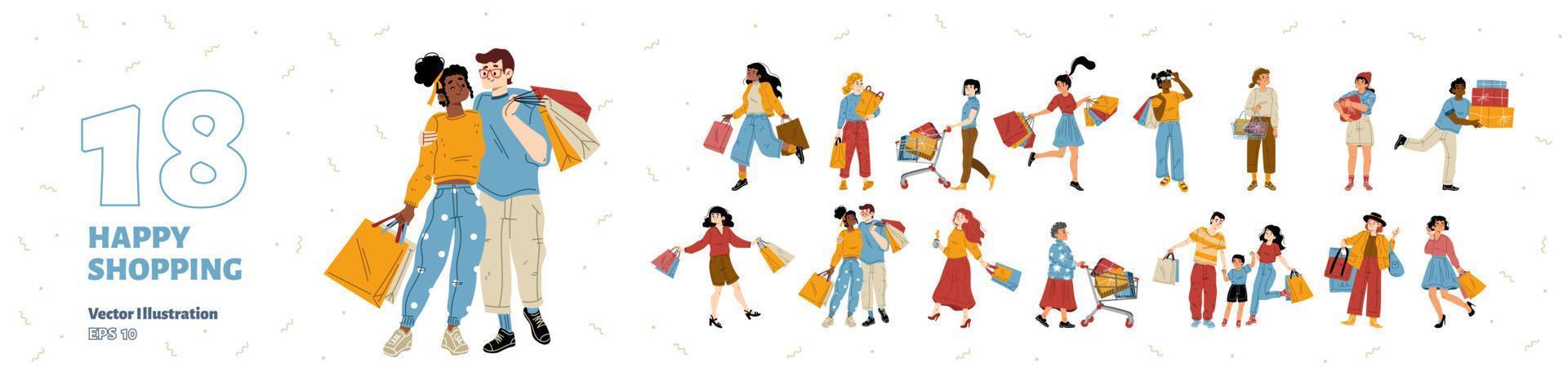 People happy shopping isolated set, purchasing vector