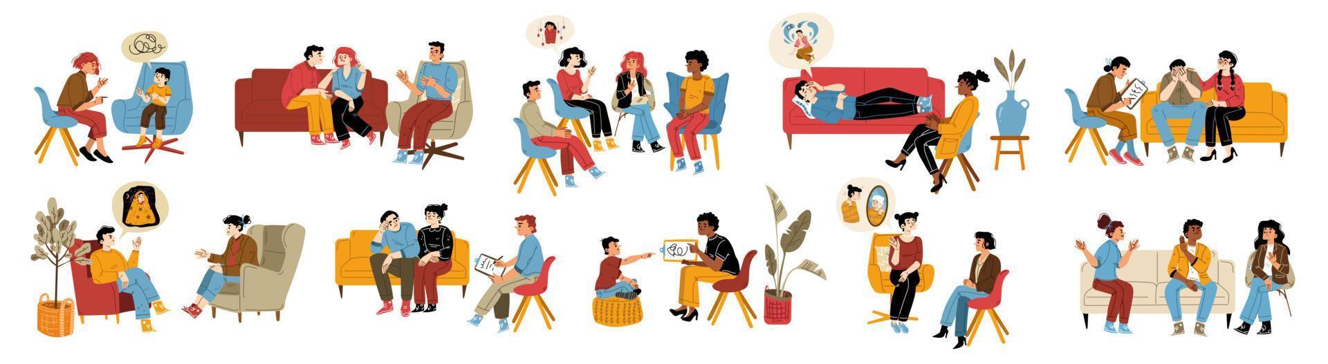 Mental therapy, health, psychotherapy session set vector