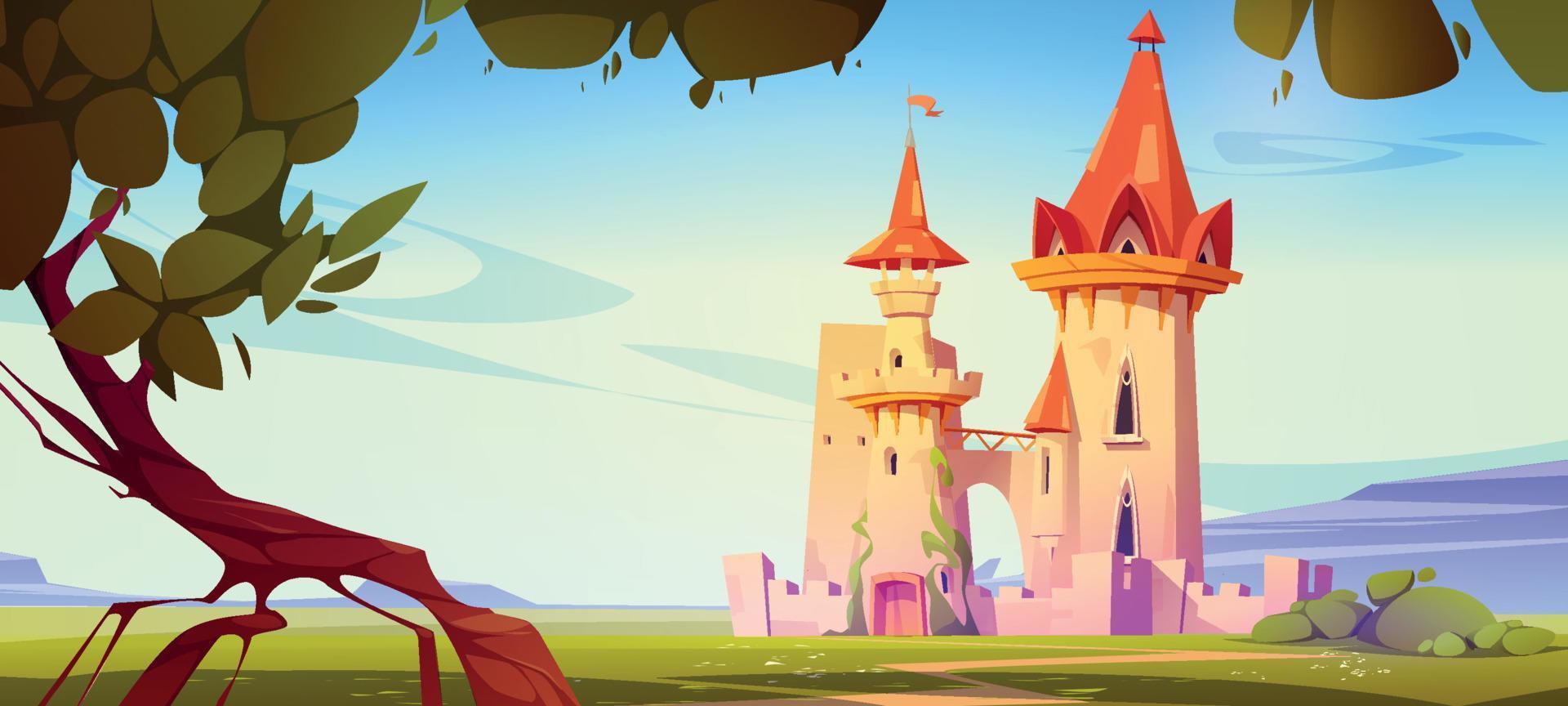 Magic castle on green field, fantasy architecture vector