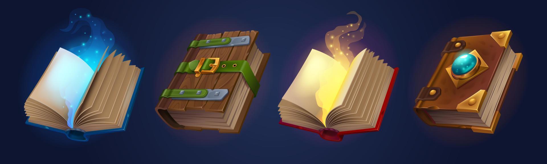 Magic spell books, fantasy alchemy grimoires set vector