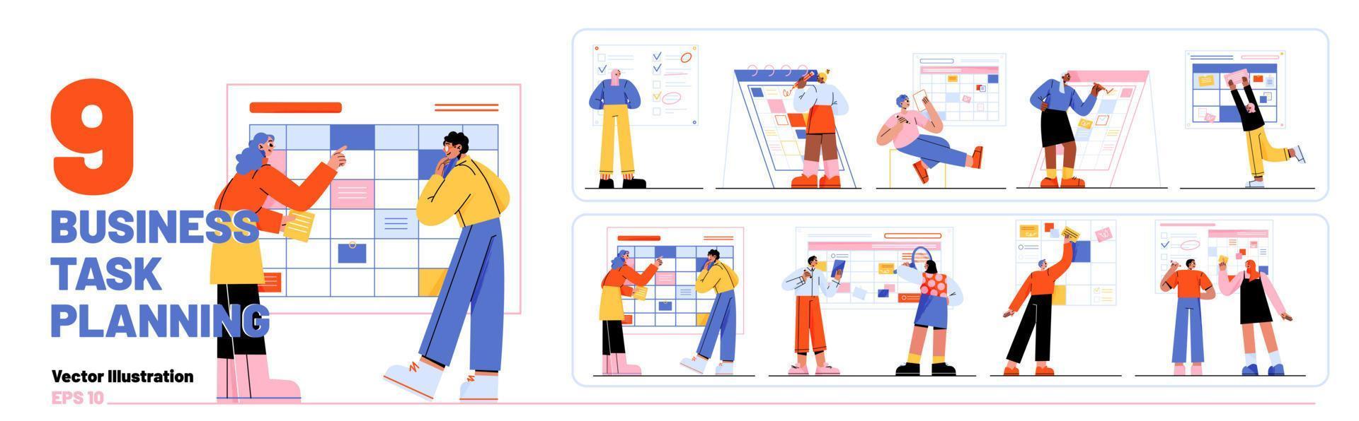 Tasks schedule set with business people planning vector
