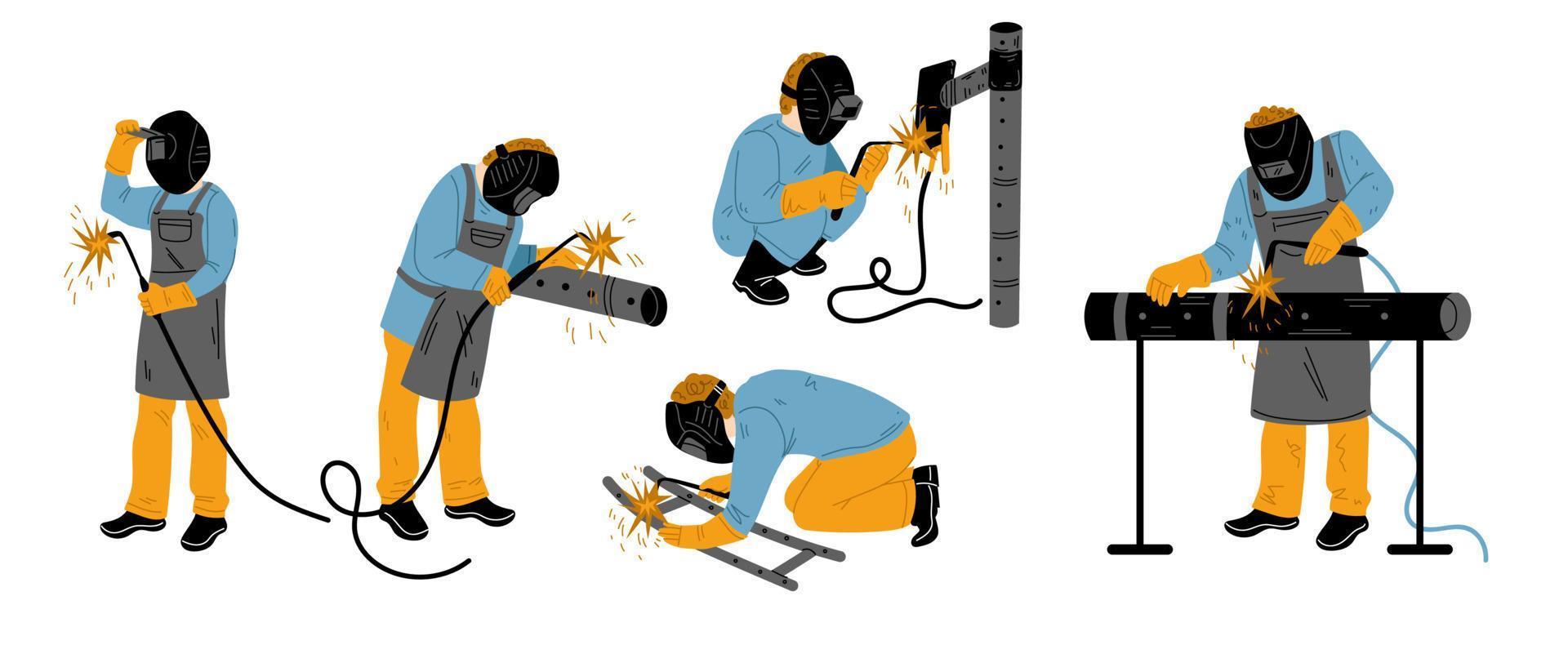 Welder, construction worker repairs pipes vector