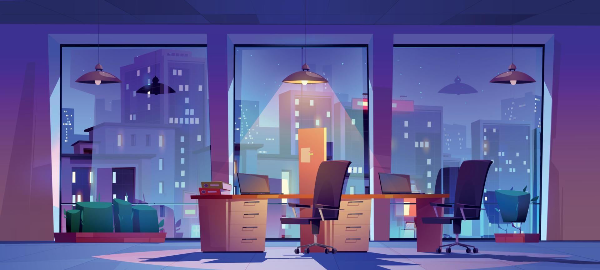 Night office, open space workplace interior design vector