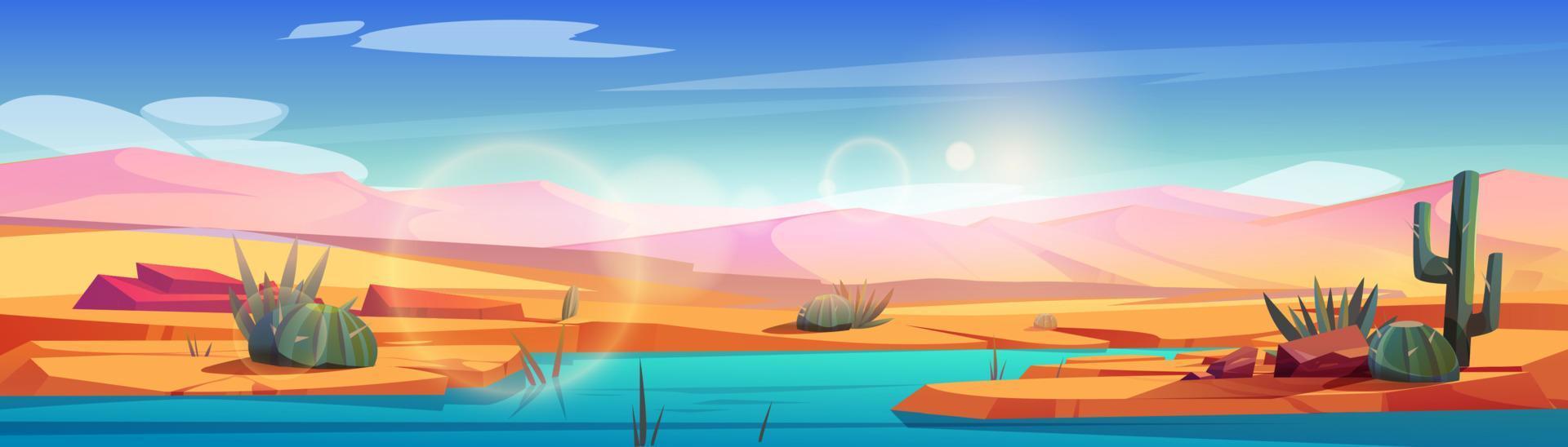 paisaje desértico cálido con oasis y dunas de arena vector