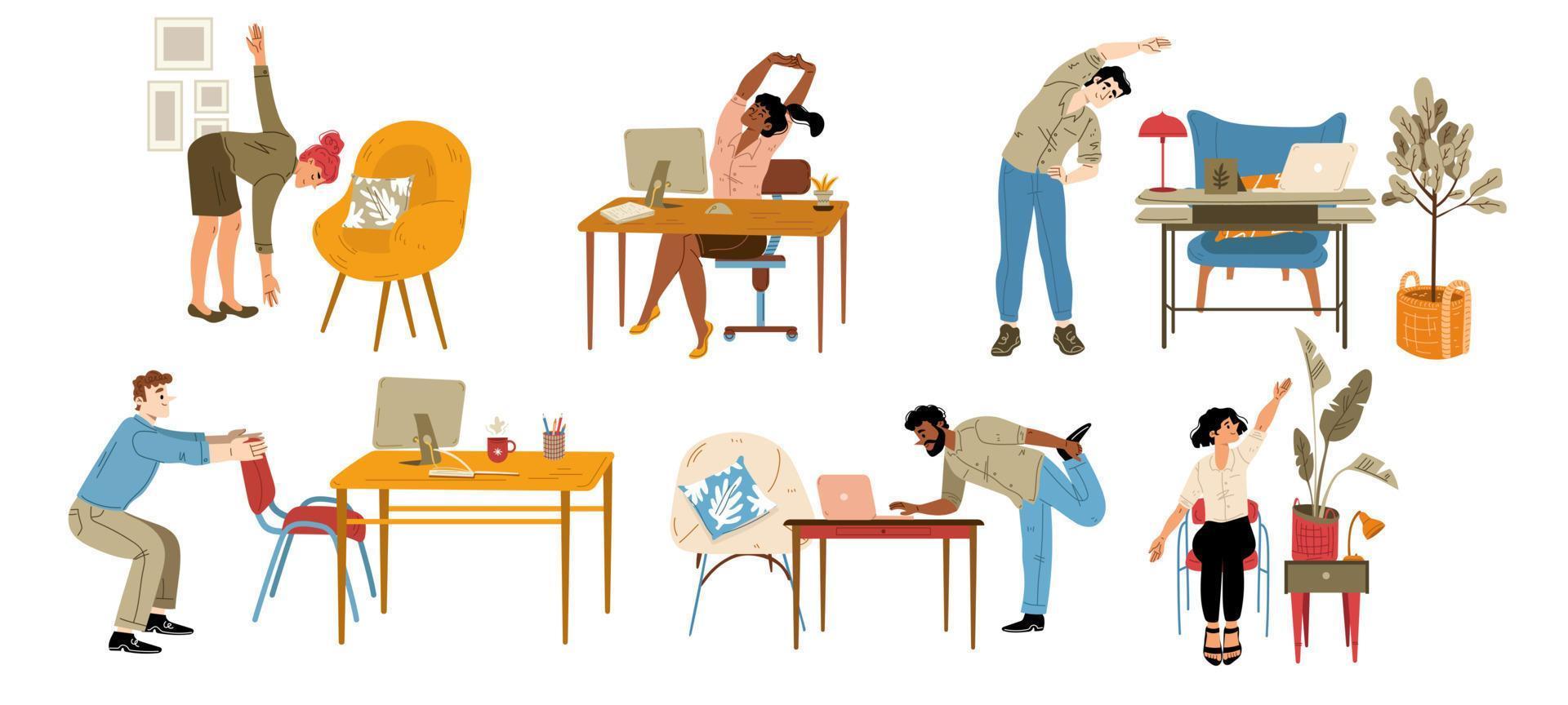 Office employees exercise at work, stretch at desk vector