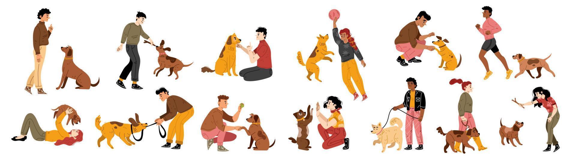 gente feliz jugando con perros y sonriendo vector