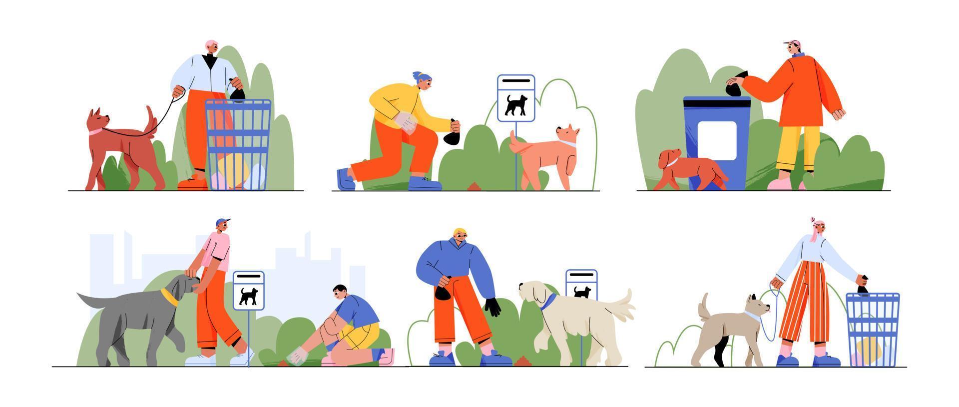 People walk with dogs in park and cleanup poop vector