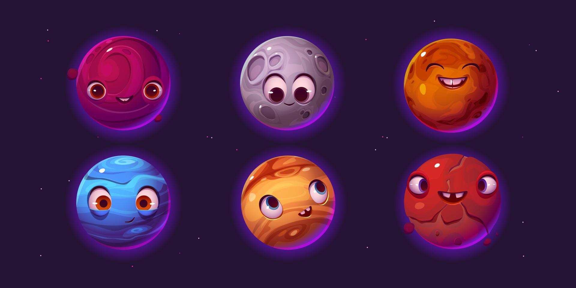 Cute planets cartoon characters, ui space objects vector