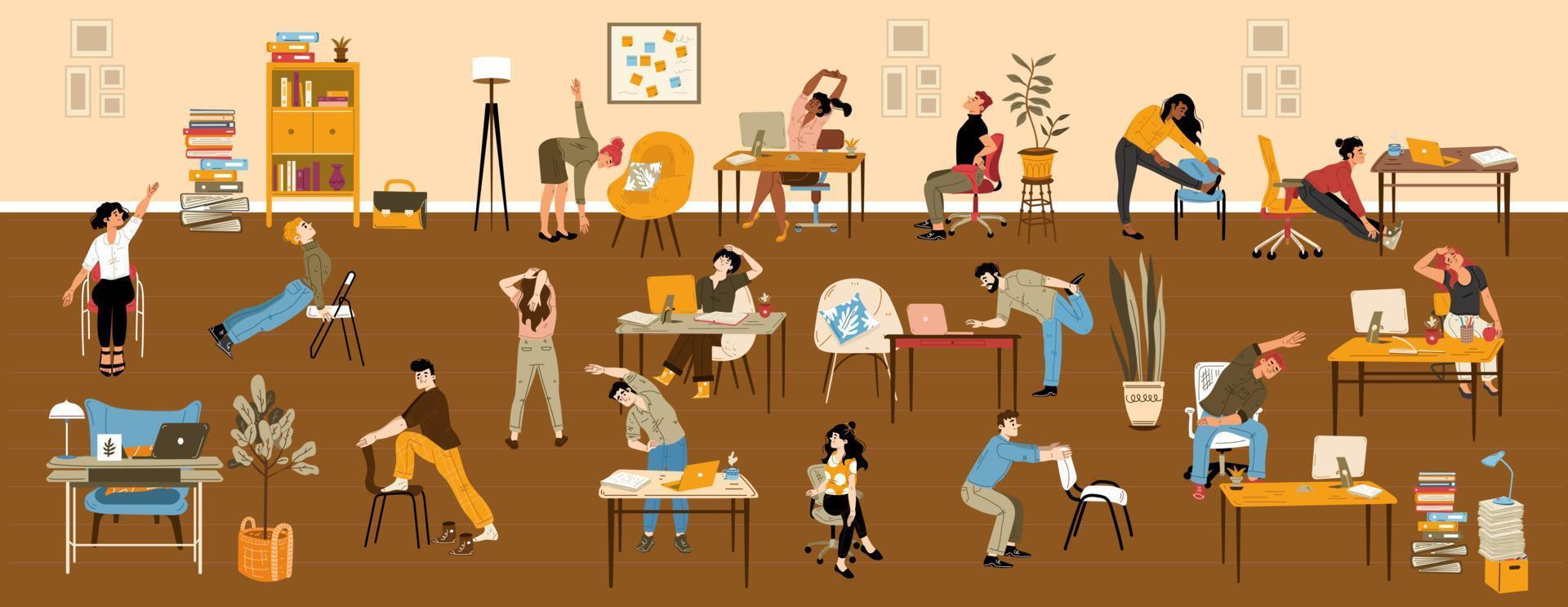 People doing stretching exercises in office vector