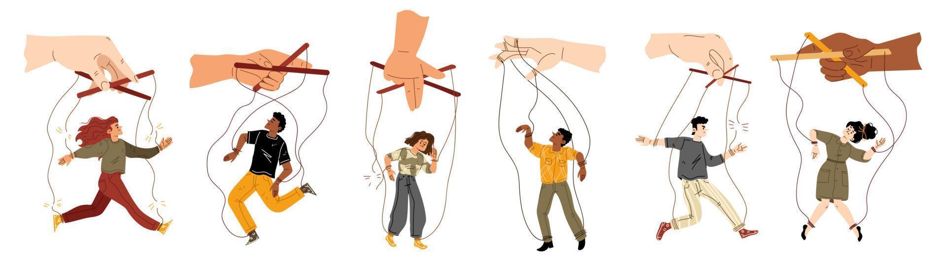 Set of people hang on ropes. Puppeteer and puppets vector