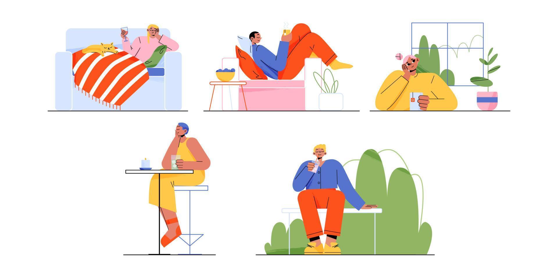 People drink, relax at home, bar and outdoors vector