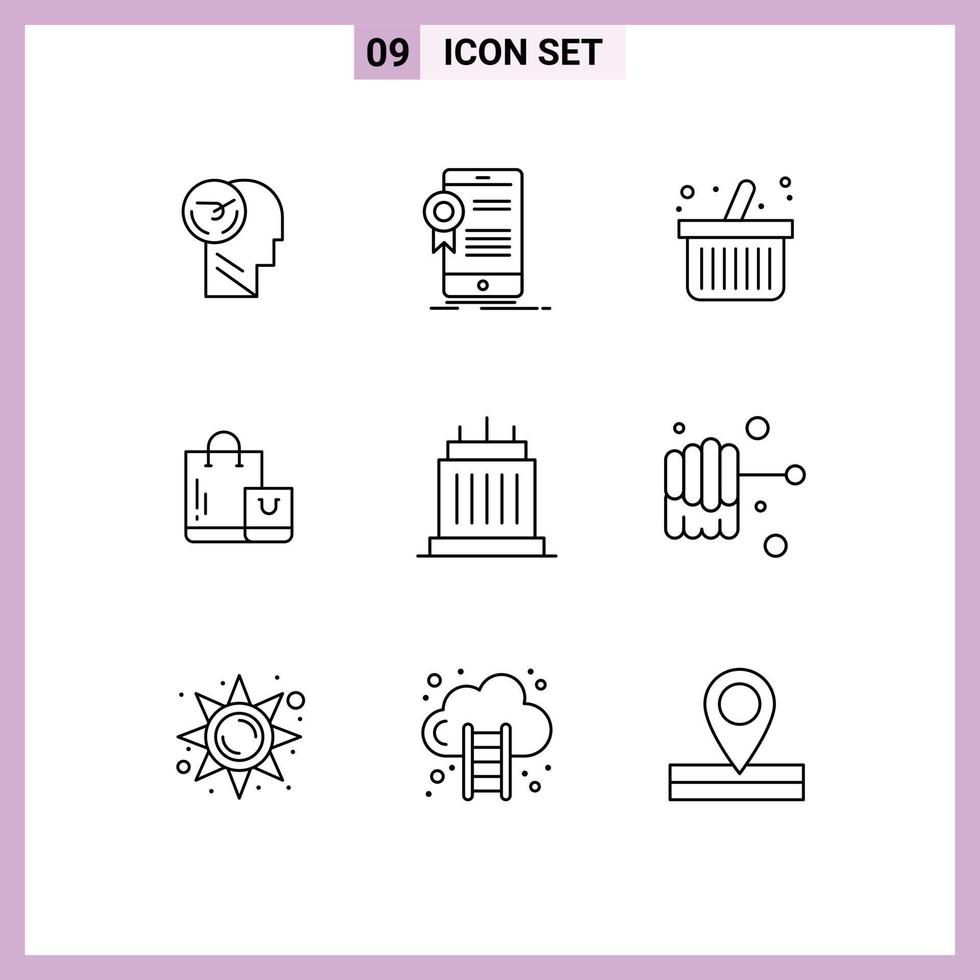 conjunto moderno de 9 contornos y símbolos, como aplicaciones de mercado de edificios, compras de comercio electrónico, elementos de diseño de vectores editables
