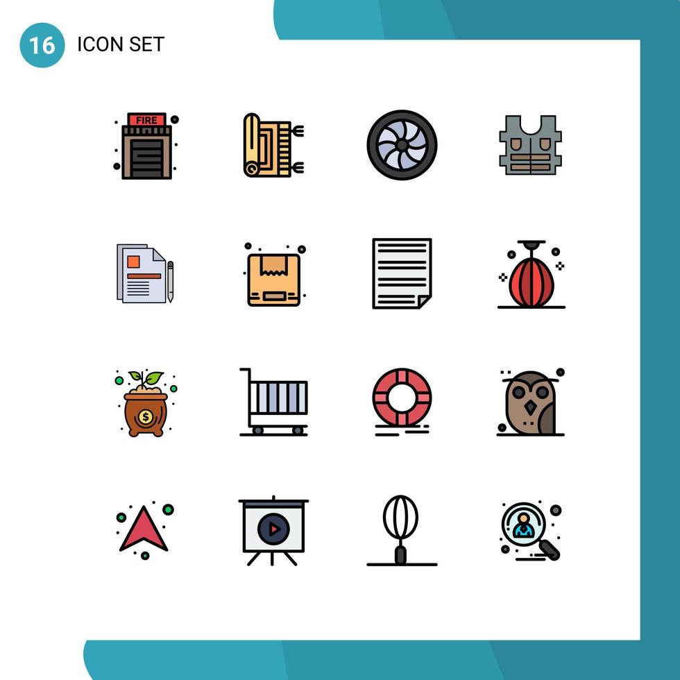 Paquete de 16 líneas llenas de color plano de la interfaz de usuario de signos y símbolos modernos del contrato de documentos chaqueta de seguridad del automóvil elementos de diseño de vectores creativos editables
