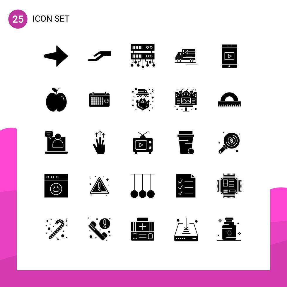 Pack of 25 Modern Solid Glyphs Signs and Symbols for Web Print Media such as school apple truck video mobile Editable Vector Design Elements