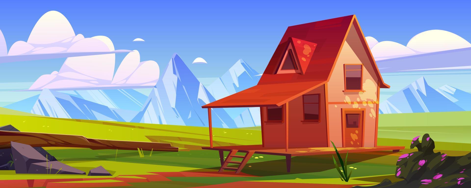 Cottage on field at mountain valley landscape vector