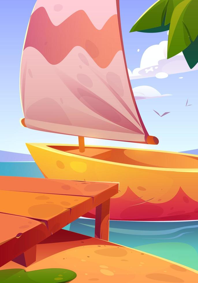 Boat at wooden pier, sailboat with white sails vector