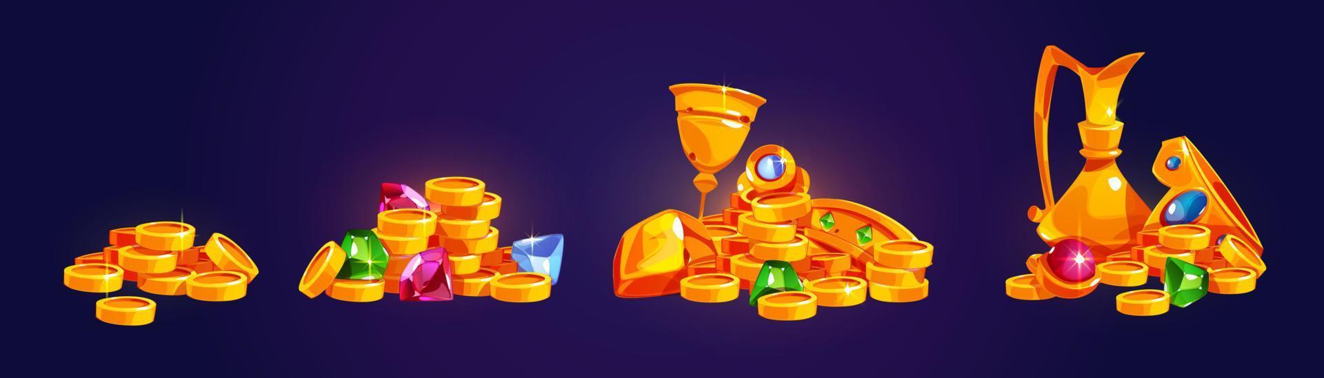 Treasure piles, pirate loot, gold coins, crystals vector
