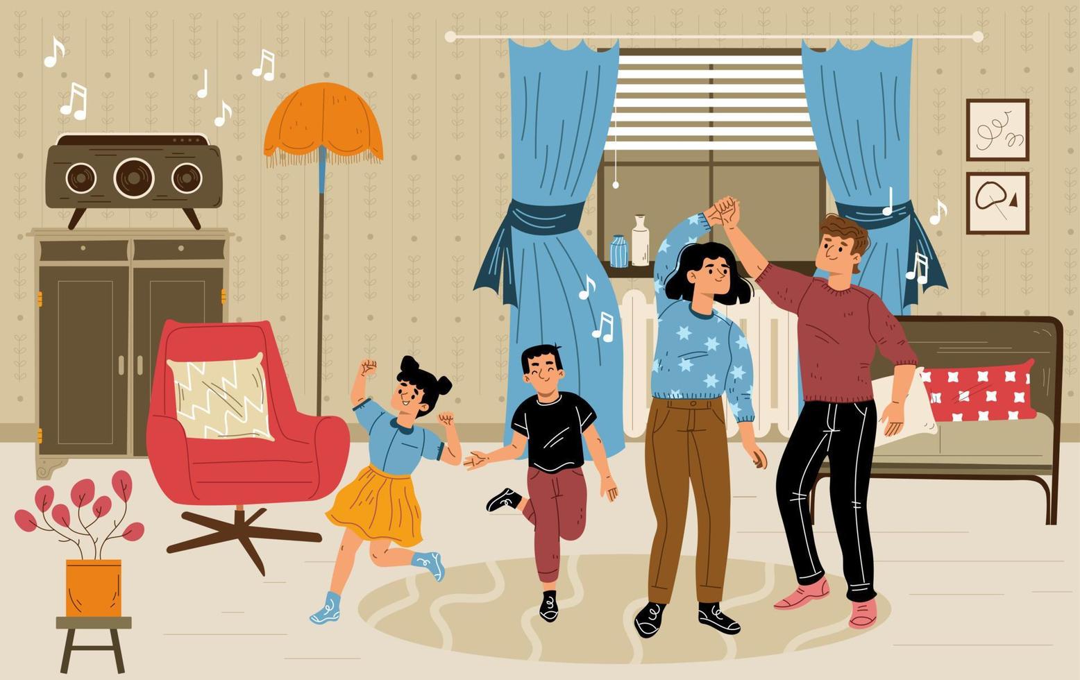 padres felices bailando con niños en una habitación retro vector