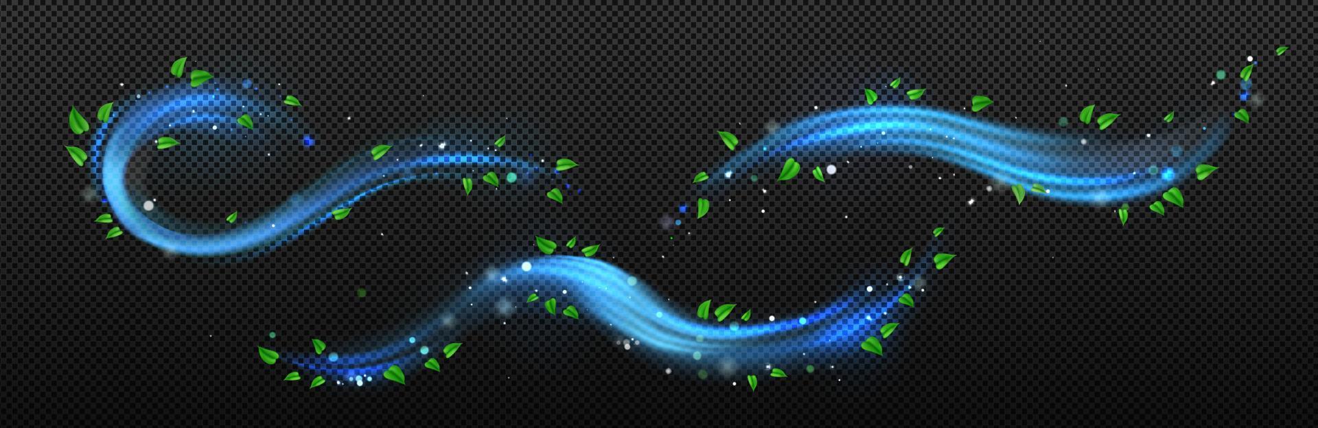 Blue wind flows, air waves with green leaves vector
