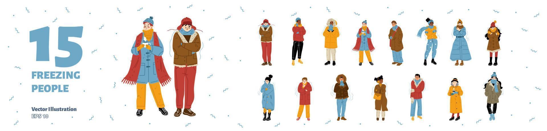 People in warm clothes freeze in winter vector