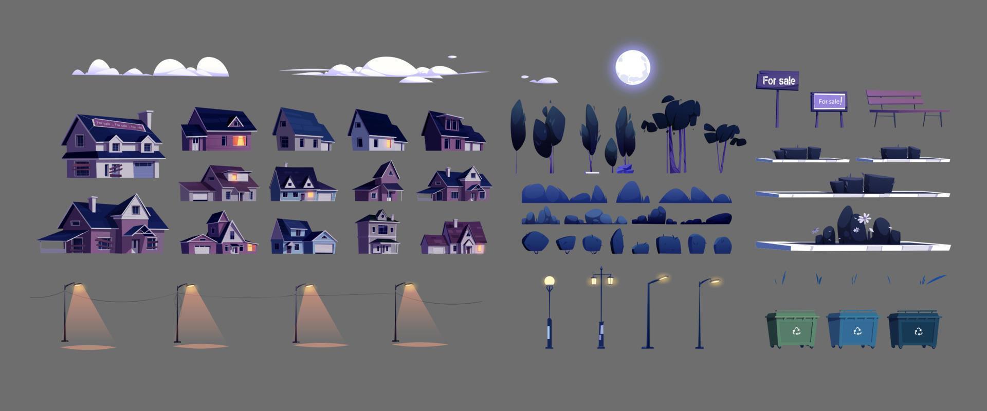 Elements of suburban street night landscape vector