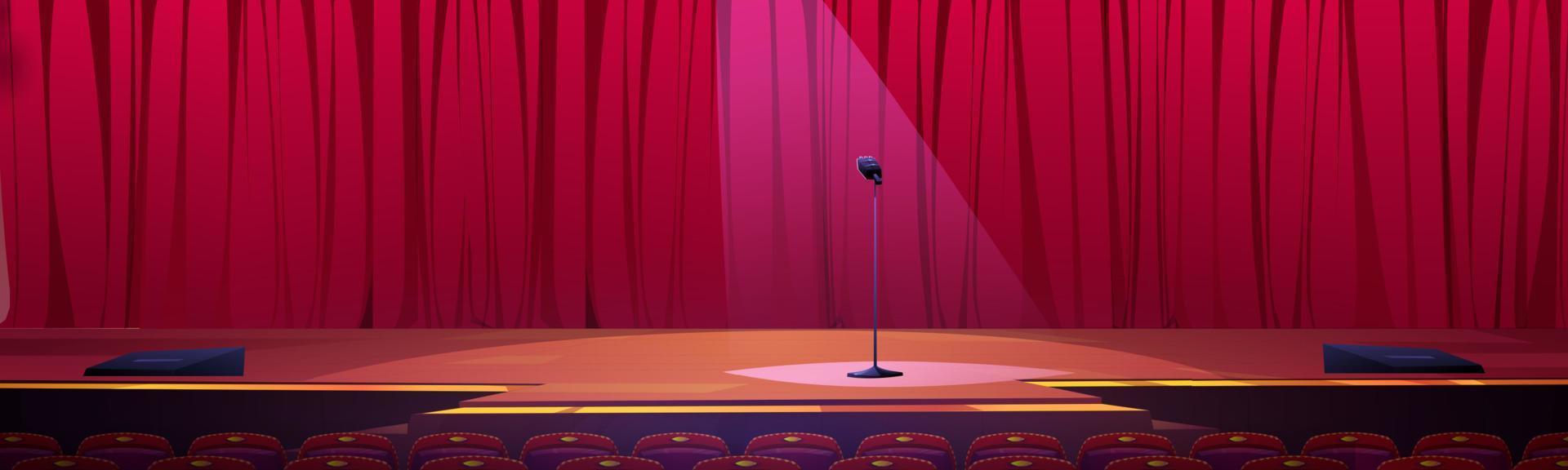 escenario con cortinas rojas y micrófono, podio vector