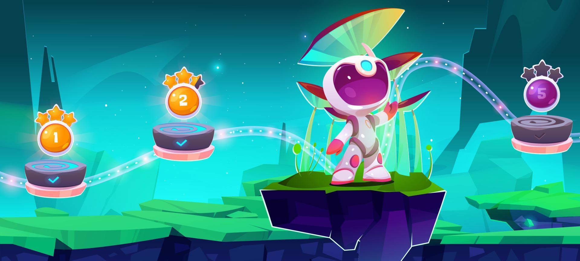 Space game, mobile arcade with kid astronaut 2d vector