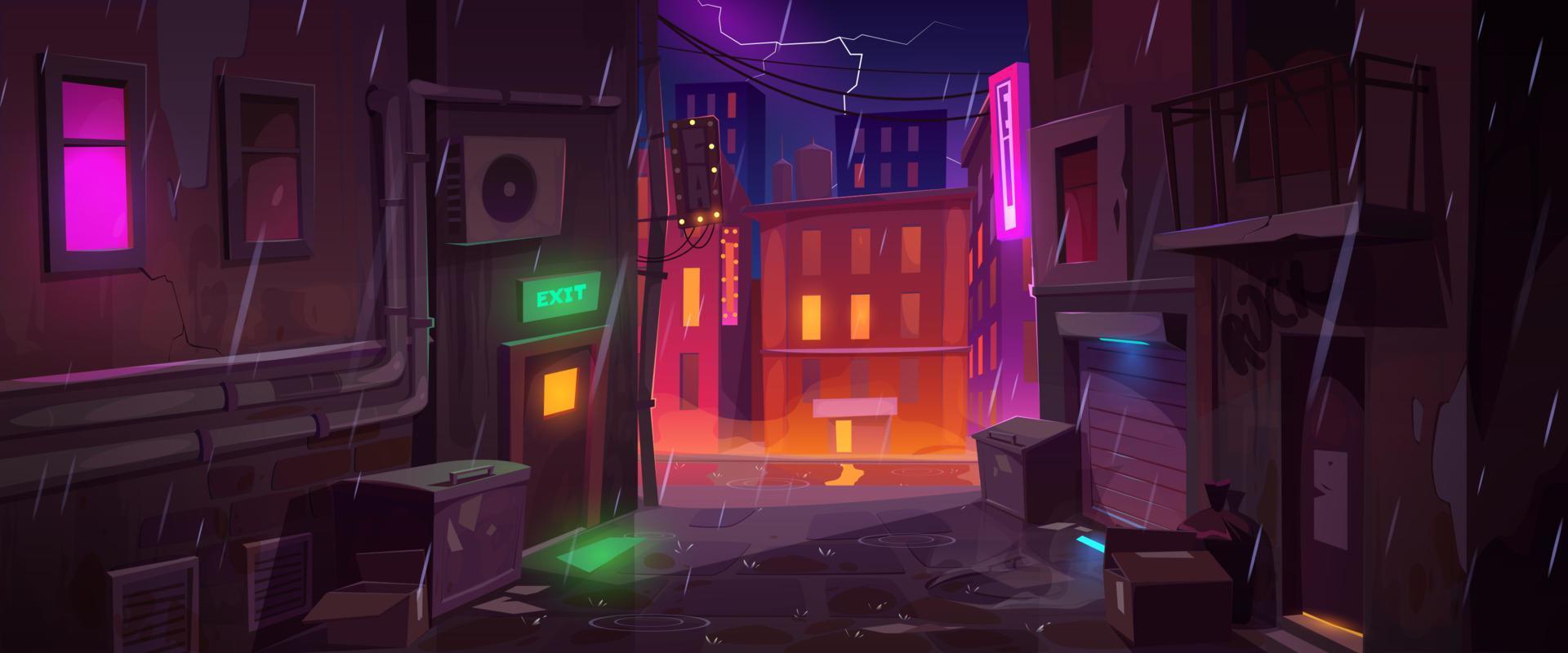 Back street alley with old houses in rain at night vector