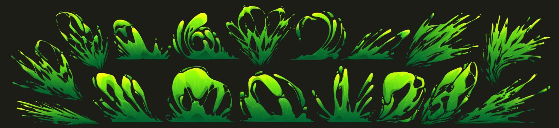 Set of green toxic liquid, slime, paint splatters vector