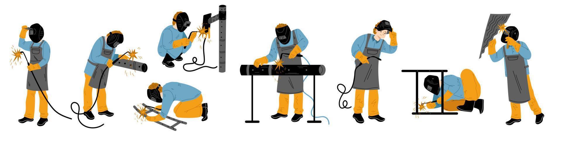 Welder workers welding pipes and constructions set vector