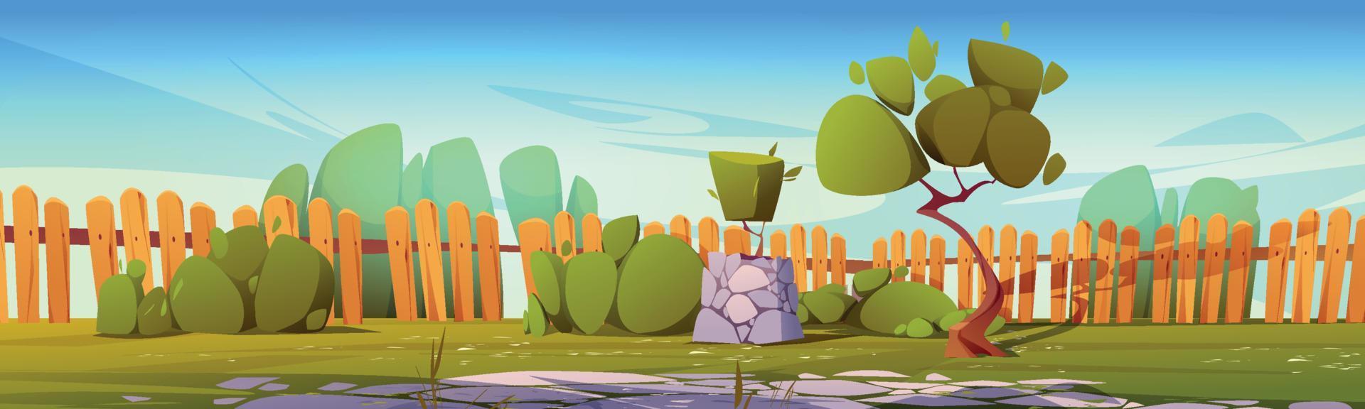 Backyard with wooden fence, green grass, trees vector