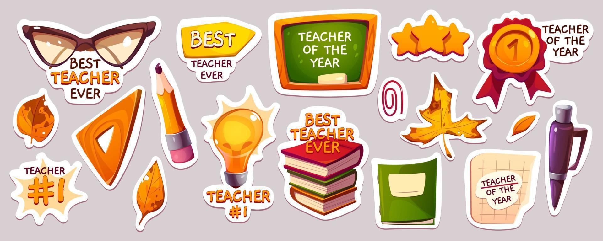 Happy teachers day stickers with books, chalkboard vector