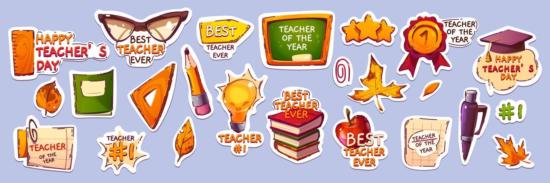 Happy teacher day stickers pack vector patches set