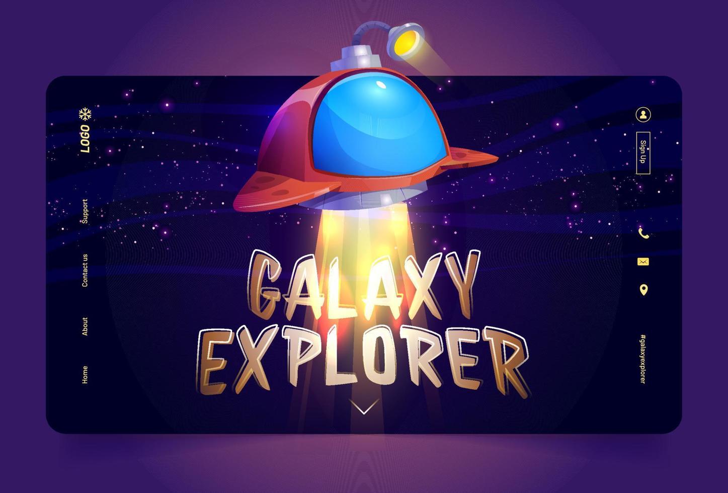 Galaxy explorer cartoon landing page with ufo vector