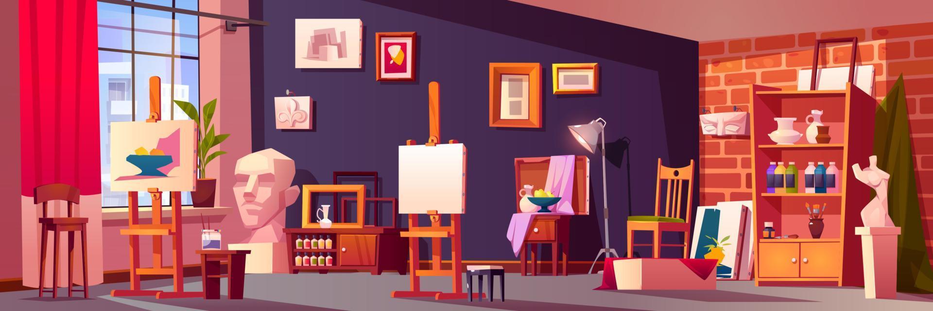 Art studio interior, artist workshop with stuff vector