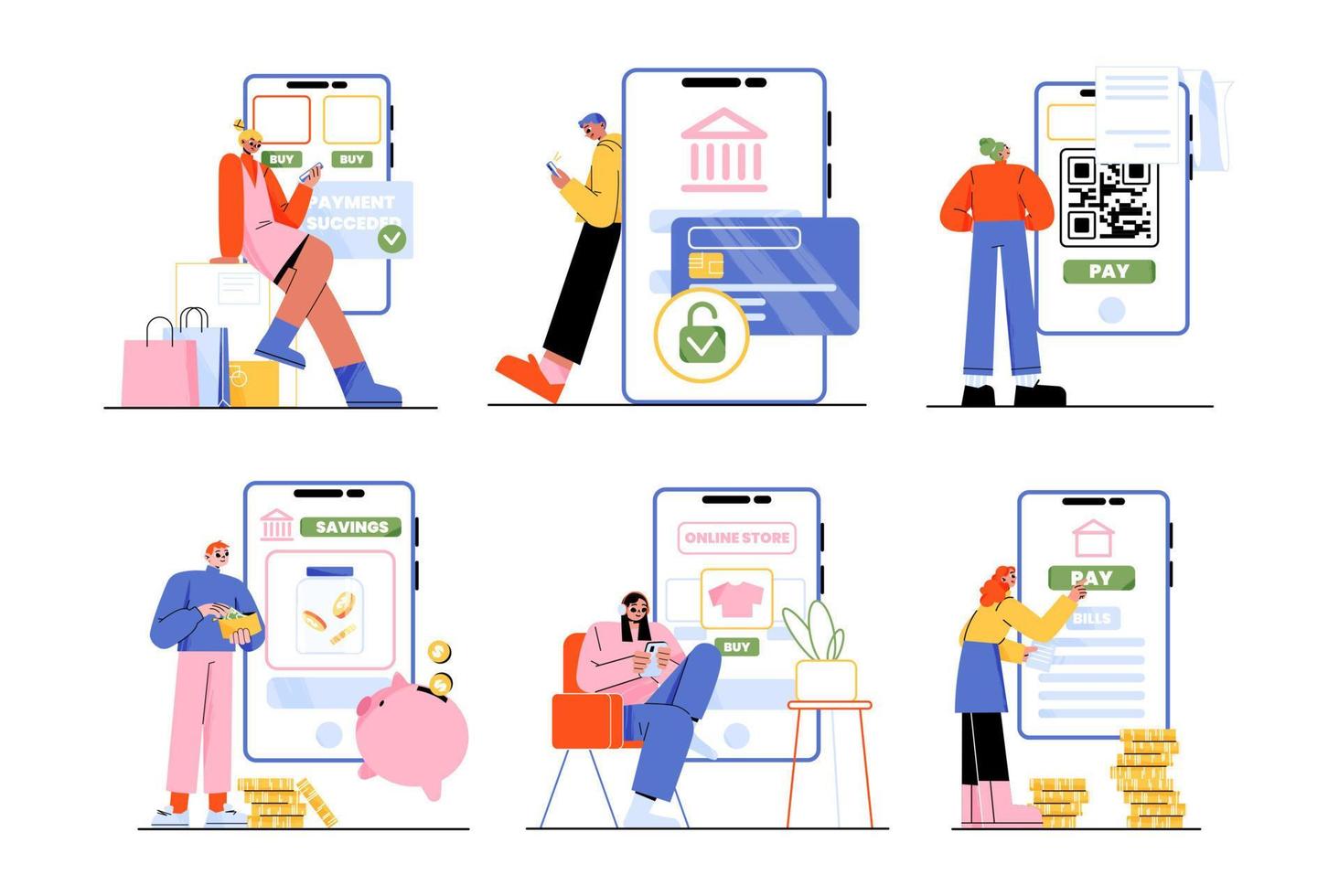 People pay, transfer money with mobile phone vector