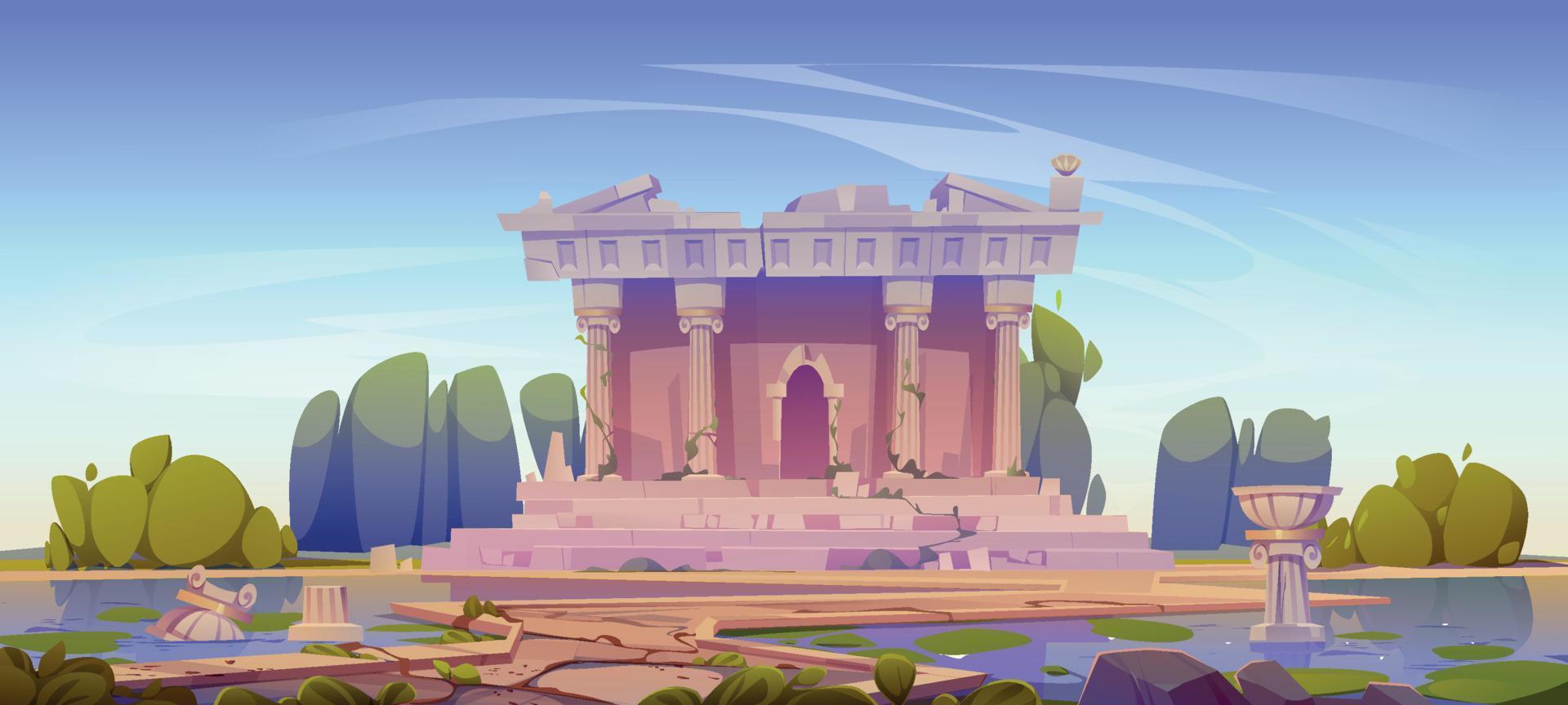 Ruined temple entwined with ivy vines, ruins vector