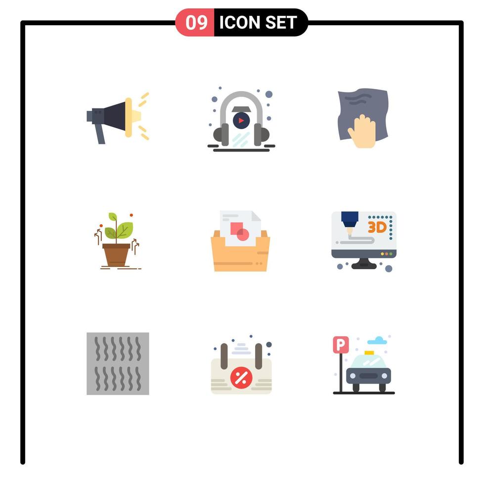Mobile Interface Flat Color Set of 9 Pictograms of document folder success hand grown plant Editable Vector Design Elements