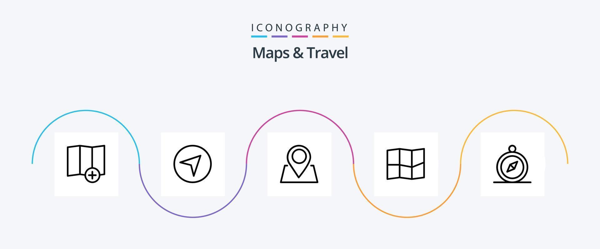 mapas y paquete de iconos de la línea de viaje 5 que incluye. clavo. Brújula vector