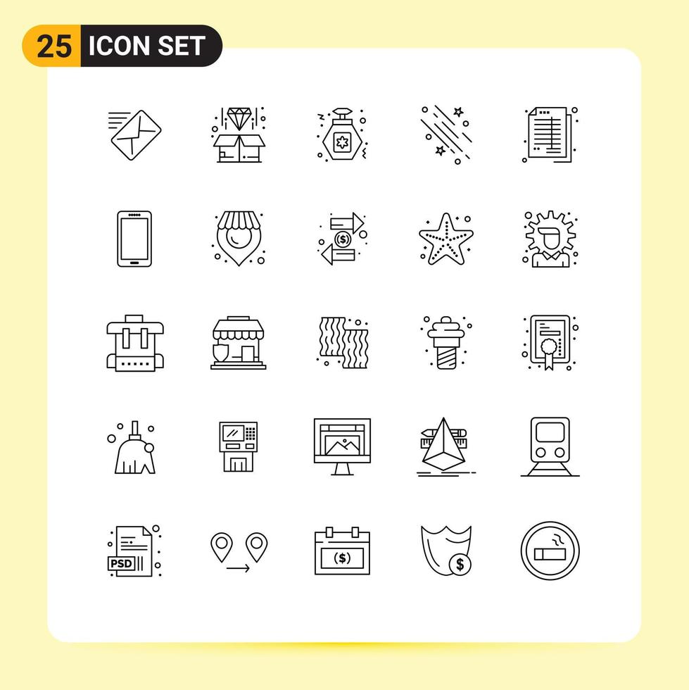 Modern Set of 25 Lines Pictograph of accounts stars perfume space shooting star Editable Vector Design Elements
