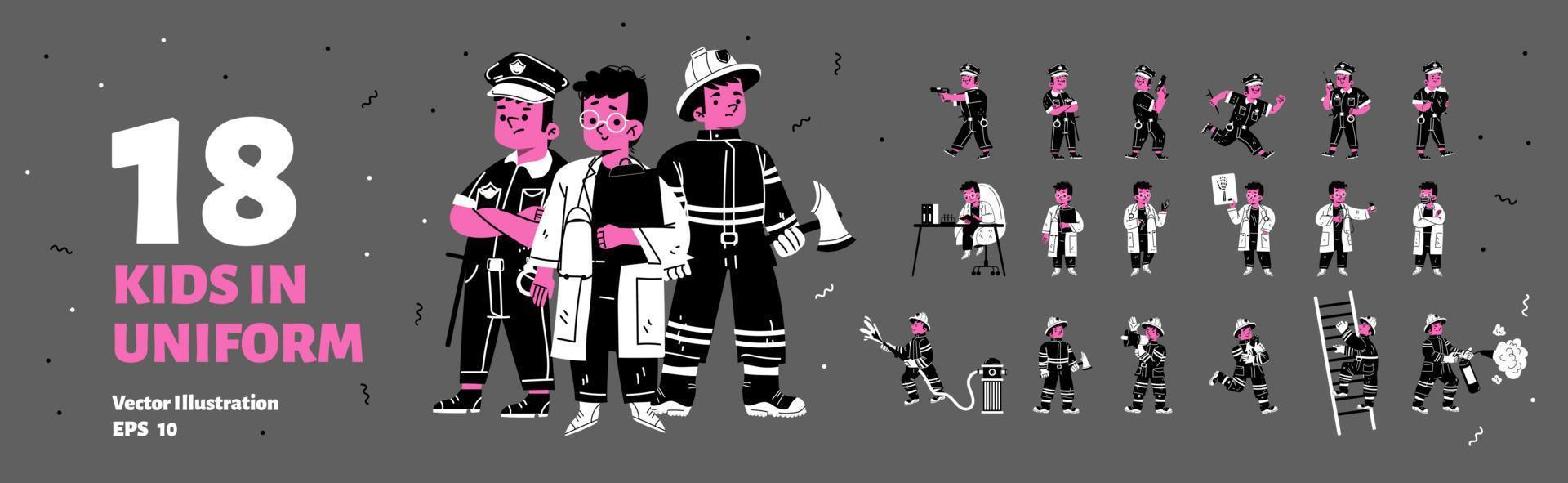 Kids in policeman, doctor and firefighter uniform vector