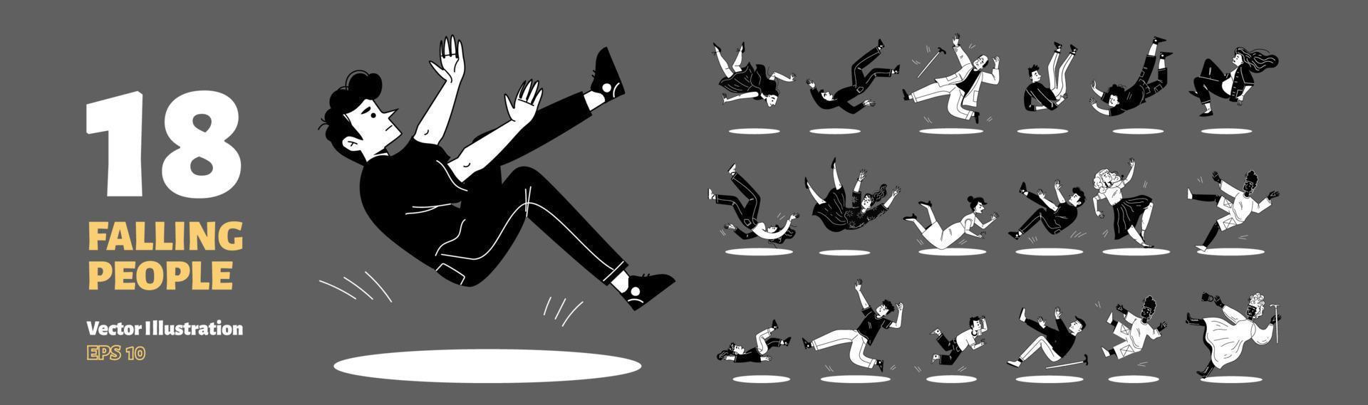 Set of 18 people falling, flat illustration vector