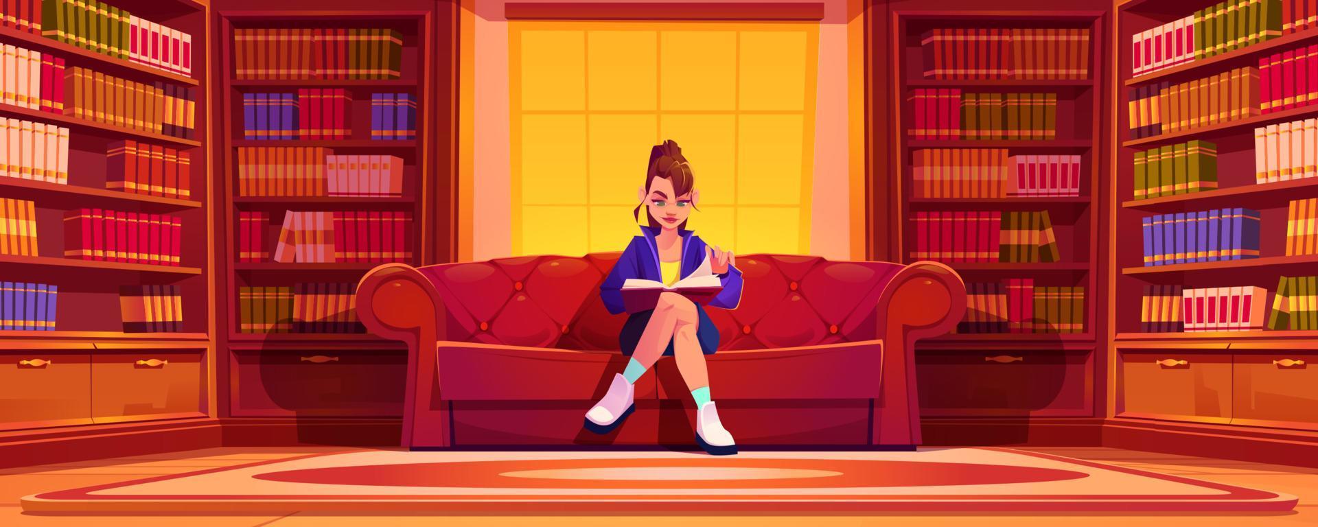 Young woman reading book in home library archive vector