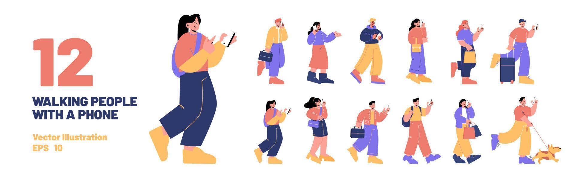 Set of people with phones, characters talking vector