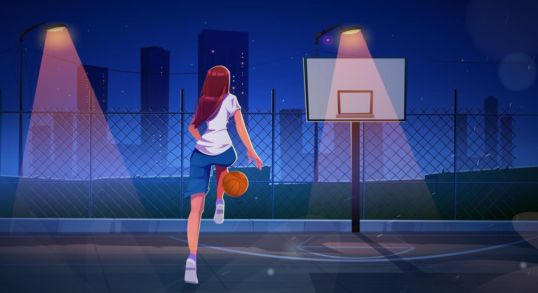 niña jugando baloncesto en la cancha al aire libre por la noche vector