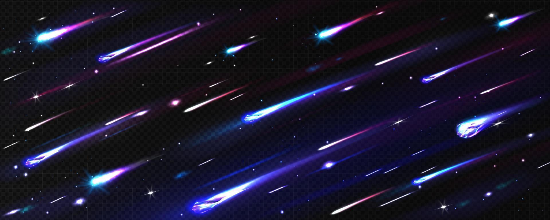 Meteor rain, asteroids or meteorites flying in sky vector