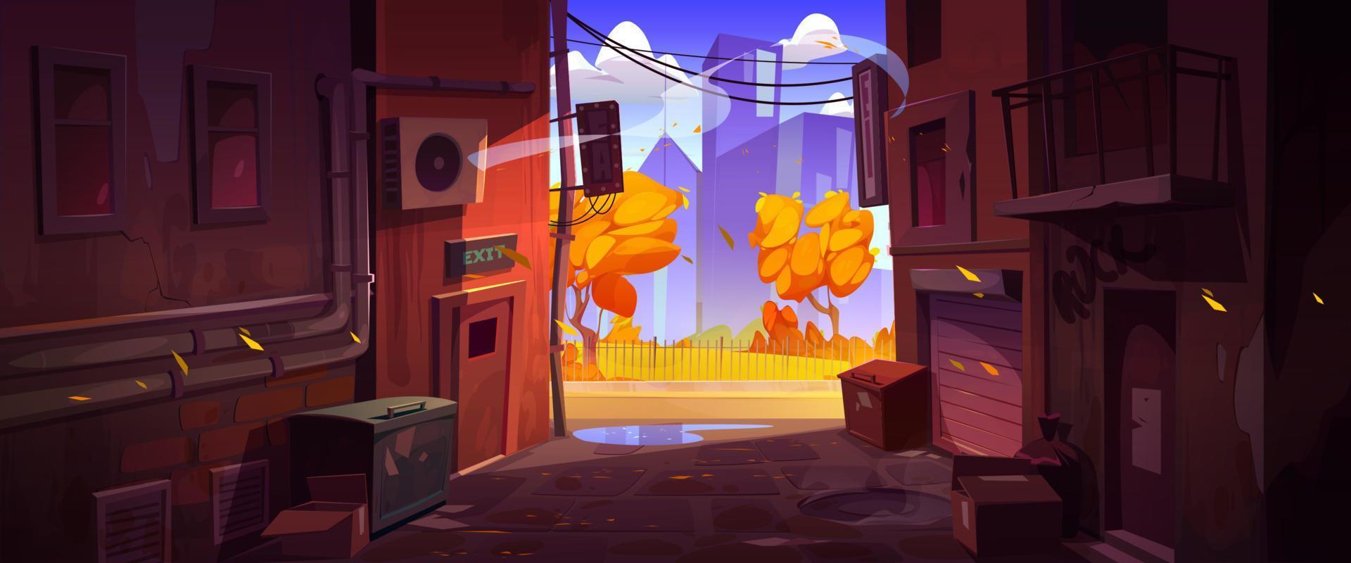 Empty back alley with view to autumn city street vector
