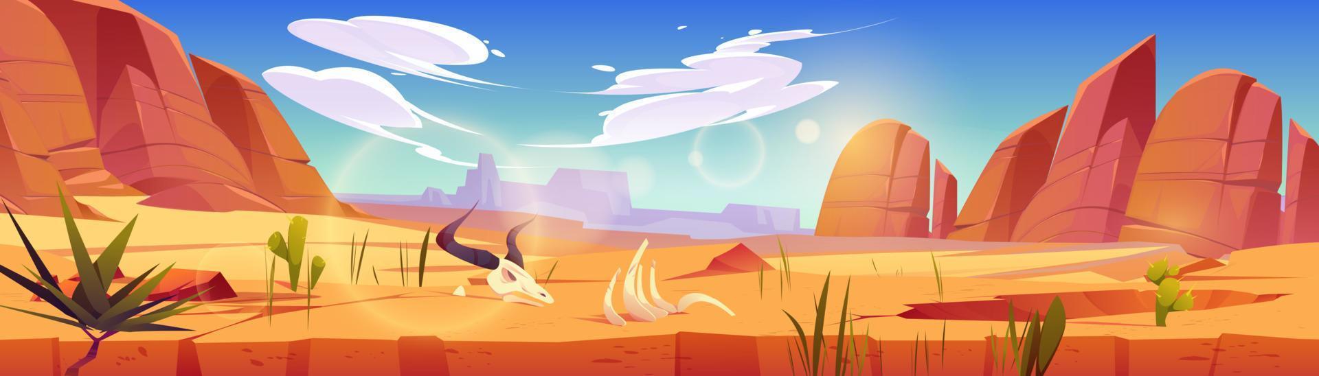 Desert landscape with sand, rocks, bull skull vector