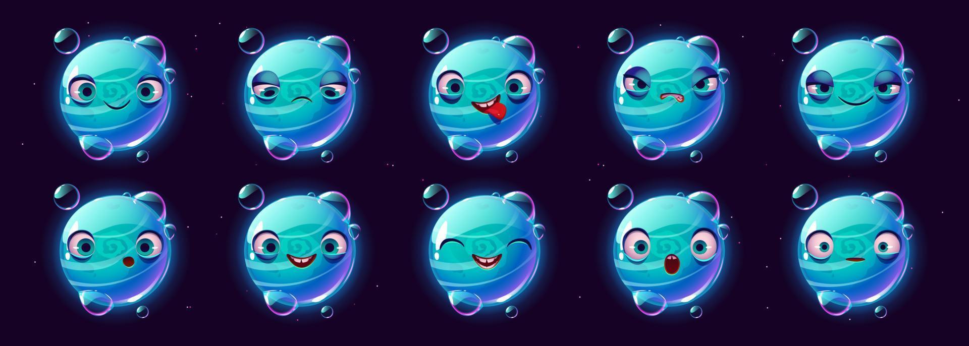 lindo personaje de planeta azul enfrenta emoji conjunto de dibujos animados vector