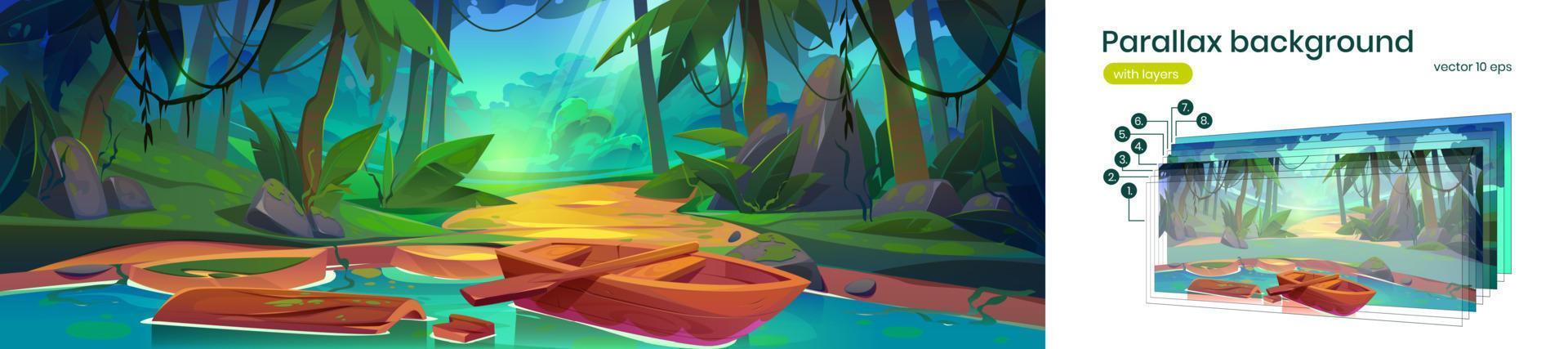 Tropical forest landscape, parallax background vector